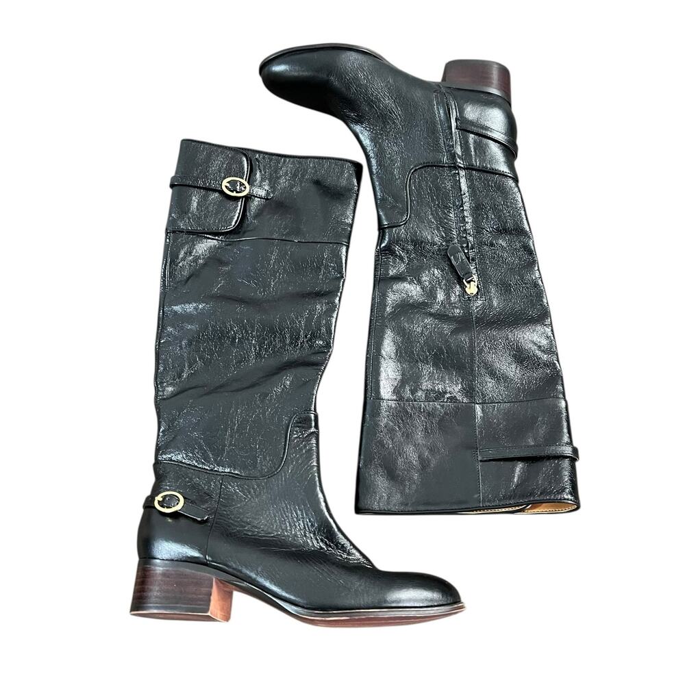 Franco Sarto Knee High Tall Black Leather Riding Style Boot Gold Buckle Size 6.5